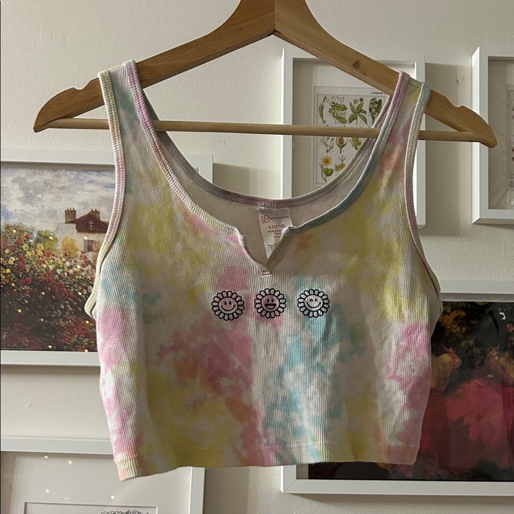 Tie-Dye Pastel Crop Top with Smiley Face Flowers